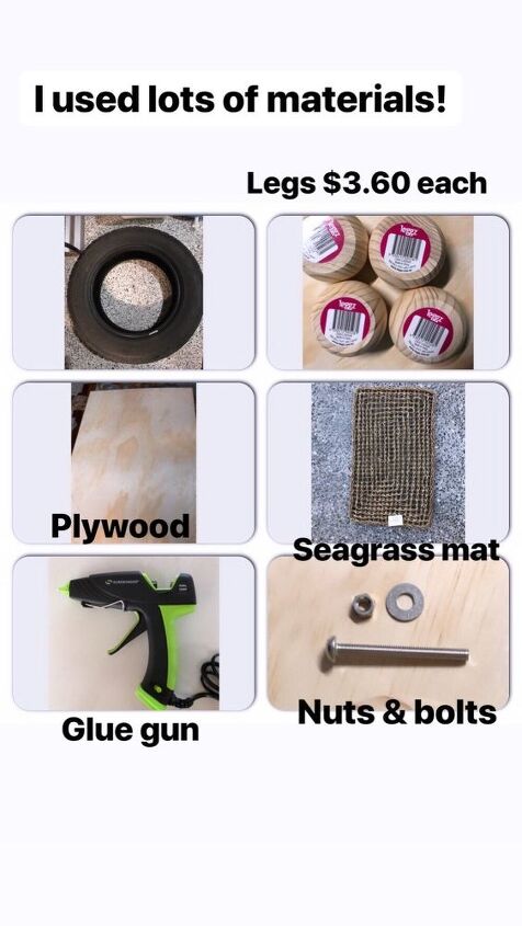 mesa de pneus de ervas marinhas, ferramentas e materiais